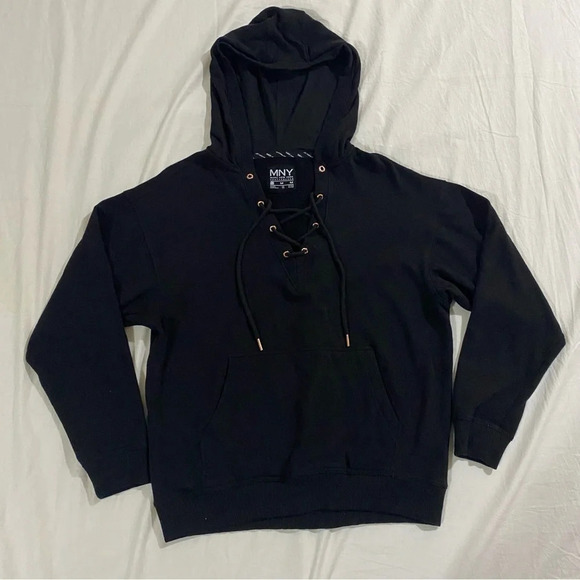 MNY (MarcNewYork) women’s laced chest long sleeves black casual lounge  hoodie-M - Picture 1 of 4